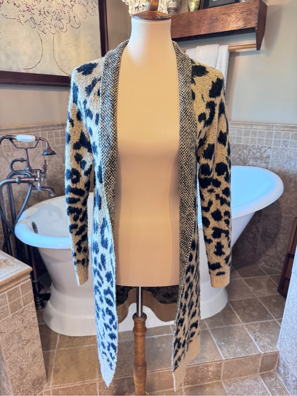 bp Leopard-Print Open Front Cardigan - Beige & Black small
